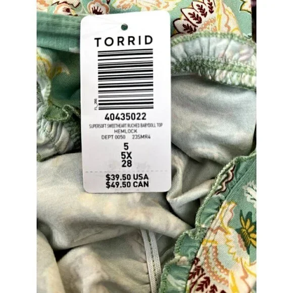 Women's Torrid Size 5, 5X, 28 Super Soft Green Sweetheart Ruched Babydoll Top - Picture 7 of 10